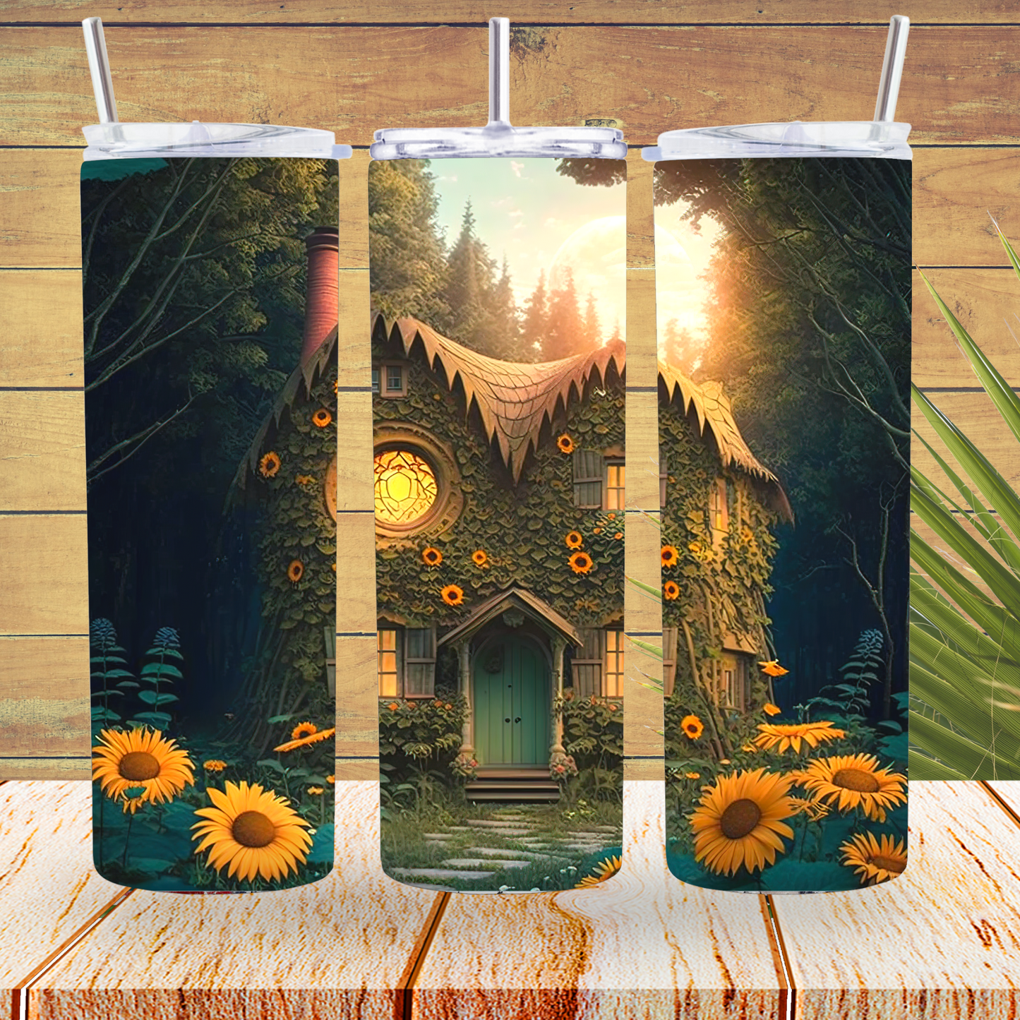 Ready to Use - Tumbler Wraps - Vinyl or Sublimation - Mystical Sunflower House - TW100786