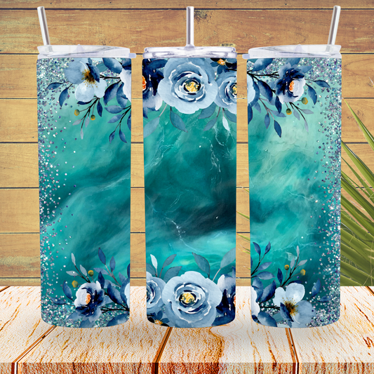 Ready to Use - Tumbler Wraps - Vinyl or Sublimation - Teal Marble Flowers - TW100921