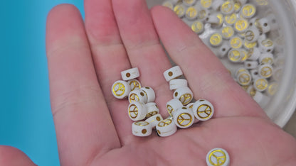 White with Gold Peace Sign Acrylic Beads | Acrylic bead for crafting, bracelets, jewellery